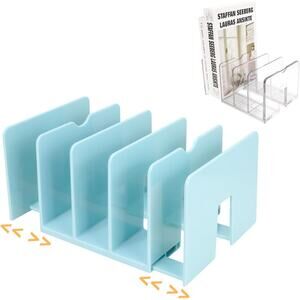 2PCS Adjustable Book File Organizer Set Blue & Clear Desk Divider 5-Slot Rack